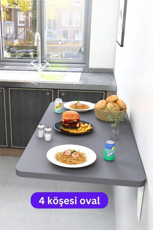 60X90 Cm 4 Köşe Oval Antrasit Gri Renk Duvara Monte Kırma Katlanır Yemek Masası