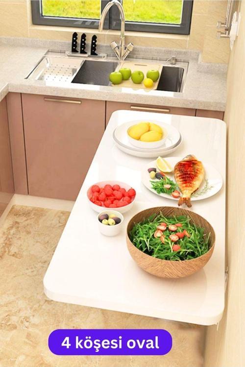 60X90 Cm 4 Köşe Oval Parlak Beyaz Duvara Monte Kırma Katlanır Yemek Masası
