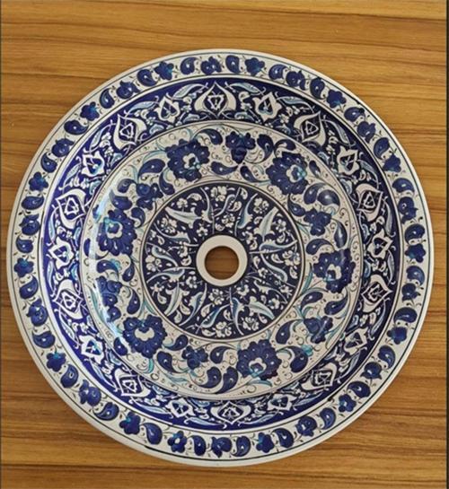Yaprak Desenli El Yapımı Tezgah Üstü Çini Lavabo
