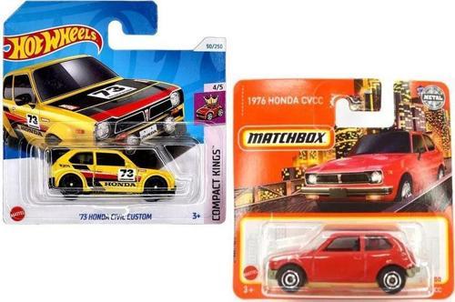 2 Araç Honda Civic Custom Set - Sarı & Kırmızı (1/64) Hot Wheels  '73 & Matchbox 1976 CVCC