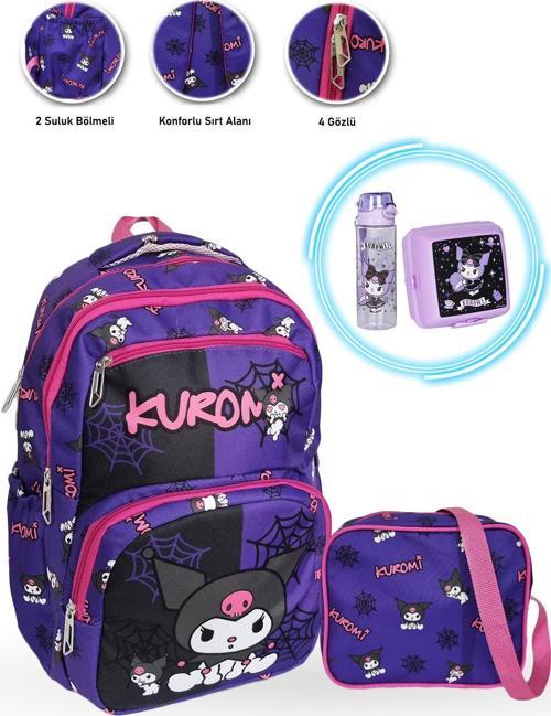 4 Gözlü Ağ Kuromi Okul Çantası + Kuromi Beslenme Kutusu + Kuromi Suluk Kuromi Çanta İlkokul Çantası 