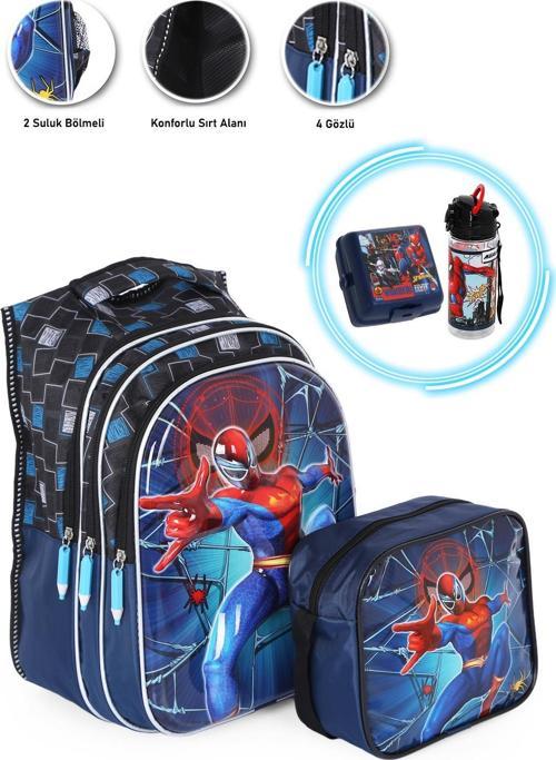 Kabartmalı Spiderman Çanta +Spiderman Beslenme Kutusu +Spiderman Suluk-İlkokul Çantası Örümcek Çanta