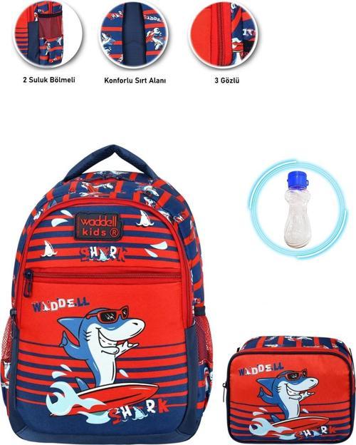 Sörfçü Shark Okul Çantası + Beslenme + Suluk Balık Çanta Erkek İlkokul Çanta Köpek Balığı Çanta
