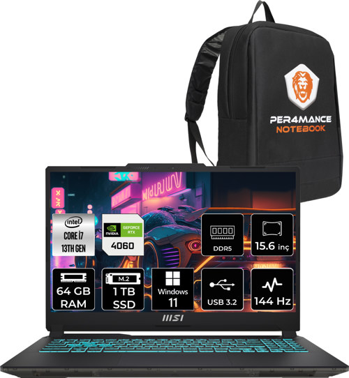 Cyborg 15 Intel Core i7-13620H 64GB 1TB SSD FHD 144Hz W11P Bilgisayar A13VF-893XTR & PER4 ÇANTA A13VF893XTRP413