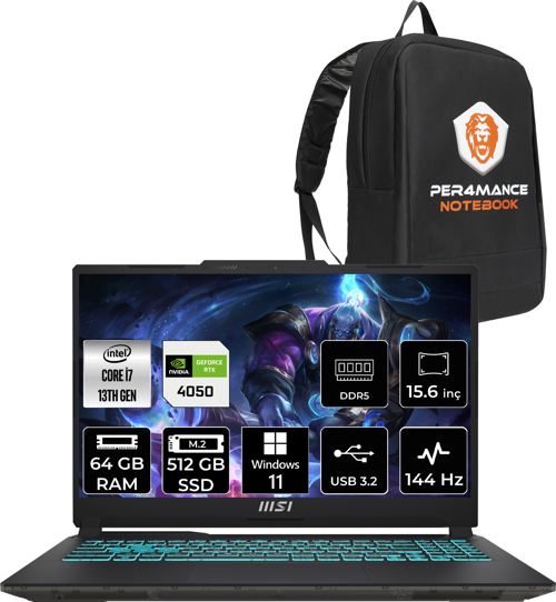 Cyborg 15 Intel Core i7-13620H 64GB 512GB SSD FHD 144Hz W11H Bilgisayar A13VE-897XTR & PER4 ÇANTA A13VE897XTRP372