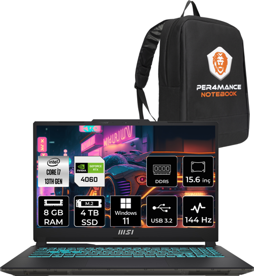 Cyborg 15 Intel Core i7-13620H 8GB 4TB SSD FHD 144Hz W11H Bilgisayar A13VF-893XTR & PER4 ÇANTA A13VF893XTRP345