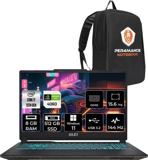 Cyborg 15 Intel Core i7-13620H 8GB 512GB SSD FHD 144Hz W11P Bilgisayar A13VF-893XTR & PER4 ÇANTA A13VF893XTRP382