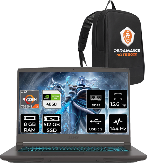 Thin A15 AMD Ryzen 5 7535HS 8GB 512GB SSD 15.6" FHD 144Hz FDOS Bilgisayar B7VE-076XTR & PER4 ÇANTA B7VE076XTRP302