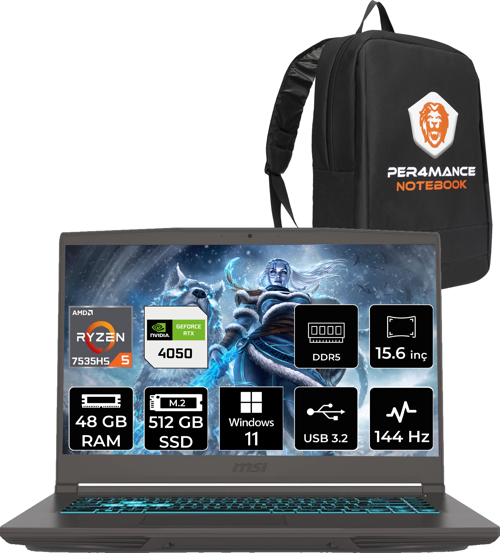Thin A15 AMD Ryzen 5 7535HS 48GB 512GB SSD 15.6" FHD 144Hz W11H Bilgisayar B7VE-076XTR & PER4 ÇANTA B7VE076XTRP367