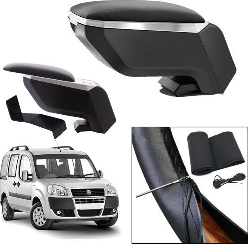 Lüks Set Fiat Doblo 2005 Delmesiz Çelik Ayaklı Gri-Siyah Kolçak Kol Dayama, Direksiyon Kılıfı