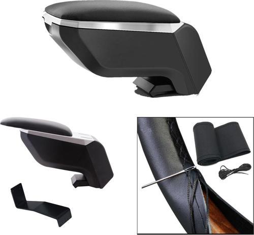 Lüks Set Hyundai i10 2012 Delmesiz Çelik Ayaklı Gri-Siyah Kolçak Kol Dayama, Direksiyon Kılıfı