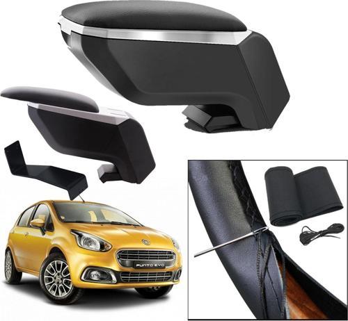 Lüks Set Fiat Punto Evo 2010 Delmesiz Çelik Ayaklı Gri-Siyah Kolçak Kol Dayama, Direksiyon Kılıfı