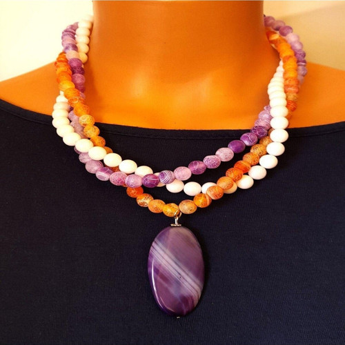 Buzlu Mor Turuncu Beyaz Akik 3 Lü Kolye