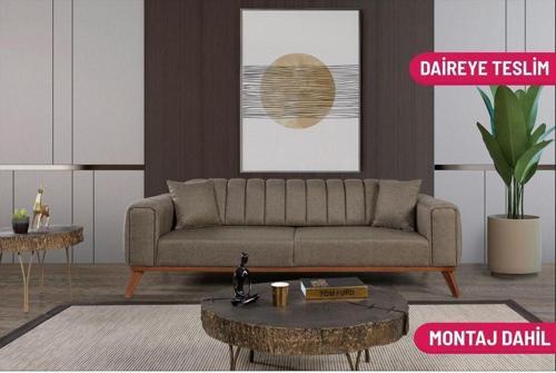 Velar Yataklı Kanepe Keten Kahve Kazayağı