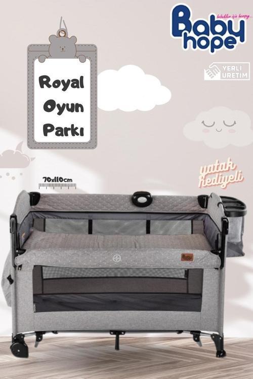 Babyhope Royal Gri Oyun Parkı Anne Yanı Olabilen 70X110Cm Yatak Hediyeli