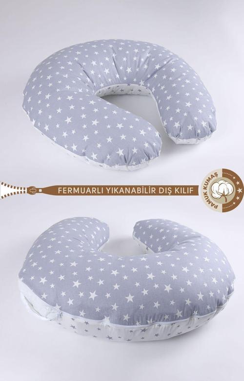 Çift Taraflı Emzirme Yastığı /Bebek Destek Minderi, Hamile Yastığı, Pamuklu Kumaş Yıldız Desenli Gri