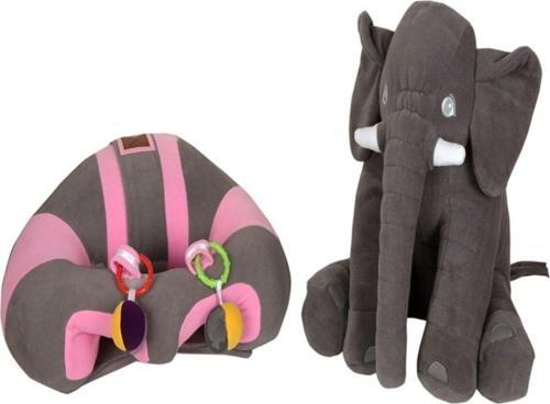 Çıngıraklı Gri-Pembe Bebek Destek Oturma Minderi Ve Gri Uyku Fili