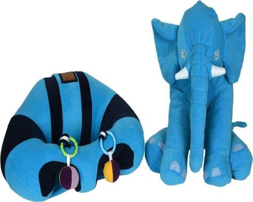 Çıngıraklı Mavi-Lacivert Bebek Destek Oturma Minderi Ve Mavi Uyku Fili