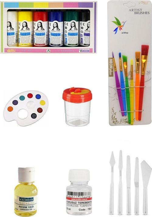 Südor 6 Lı Akrilik Boya, Fırça Seti, Palet, Spatula Seti, Su Kabı, Resim Yağı, Terebentin