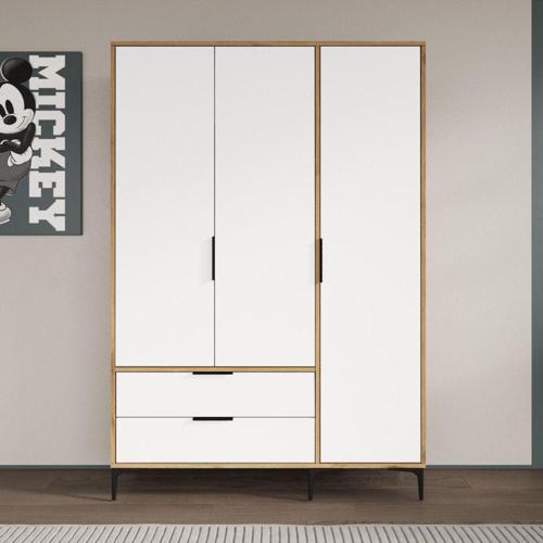 Aden 3 Kapaklı Çekmeceli Full Beyaz Gardırop, Elbise Dolabı, Raflı Dolap