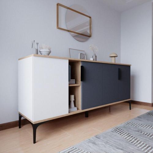 Mobilya Tarz Konsol 4 Kapaklı, Raflı, 180 Cm, Yemek Odası, Ofis, Salon Ünite (Beyaz-Antrasit)