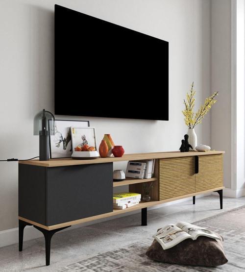 Tarz Raflı 180 Cm Metal Kulp Tv Ünitesi (Antrasit-Yunus)