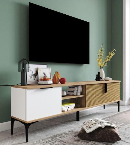 Tarz Raflı 180 Cm Metal Kulp Tv Ünitesi (Beyaz-Yunus)