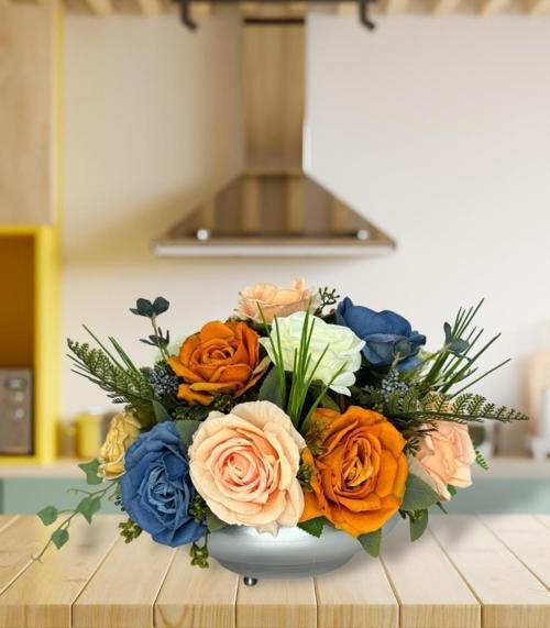 Yapay Çiçek Aranjmanı Latex Çiçekli Ufo Tip Metal Gümüş Vazolu Masa Üstü Çiçeği Arajman