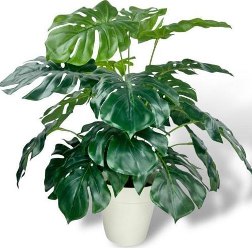 Yapay Çiçek Krem Saksıda Monstera Deve Tabanı Yeşil Doğal Dokulu 18Dal 50 cm Salon Çiçeği Yapay Bitki