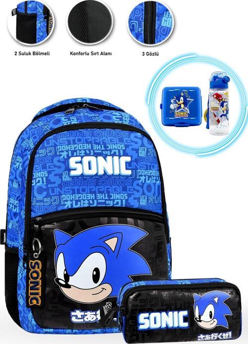 3 Gözlü Kafa Sonic Okul Çantası + Kalemlik + Sonic Beslenme Kabı + Suluk- Sonic Çanta İlkokul Çanta