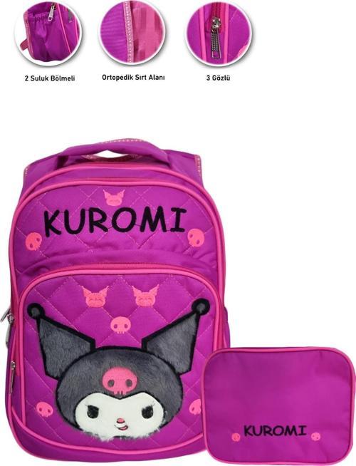 3 Gözlü Tüylü Kuromi İlkokul Çantası + Beslenme - Kuromi İlkokul Kız Çantası