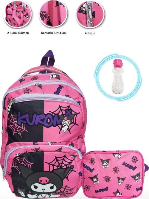 4 Gözlü Pembe Ağ Kuromi İlkokul Çantası + Beslenme + Suluk - Kuromi İlkokul Kız Çantası