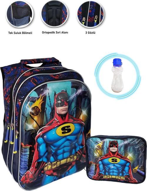 Kabartmalı Süper Batman Okul Çantası + Beslenme + Suluk Batman Çanta İlkokul Çanta Erkek Okul Çanta