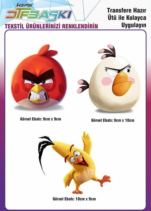 Angry Birds 3 Adet Ütü ile Yapışan Tekstil DTF Baskı