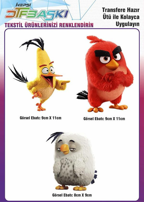 Angry Birds 3 Adet Ütü ile Yapışan Tekstil DTF Baskı