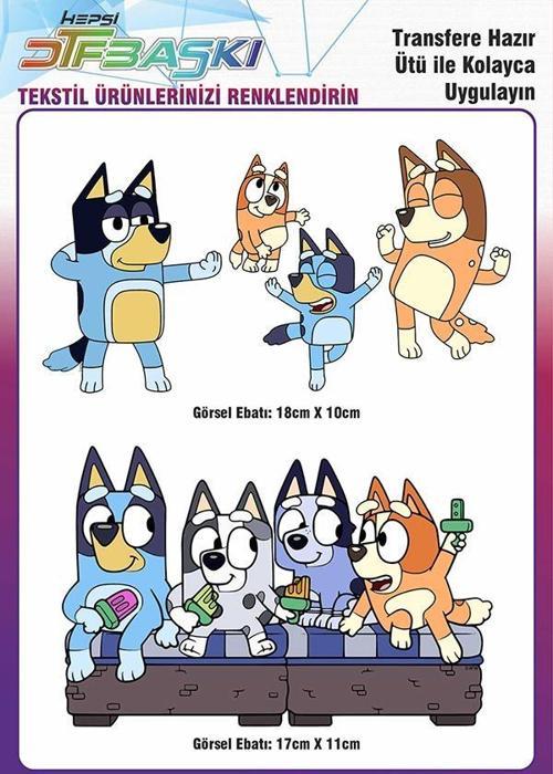 Bluey 2 Adet Büyük Ütü ile Yapışan Tekstil DTF Baskı