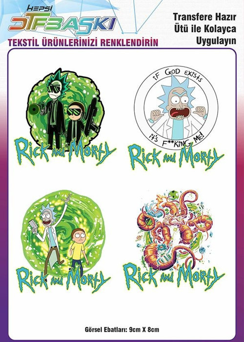 Rick and Morty 4 Adet Ütü ile Yapışan Tekstil DTF Baskı