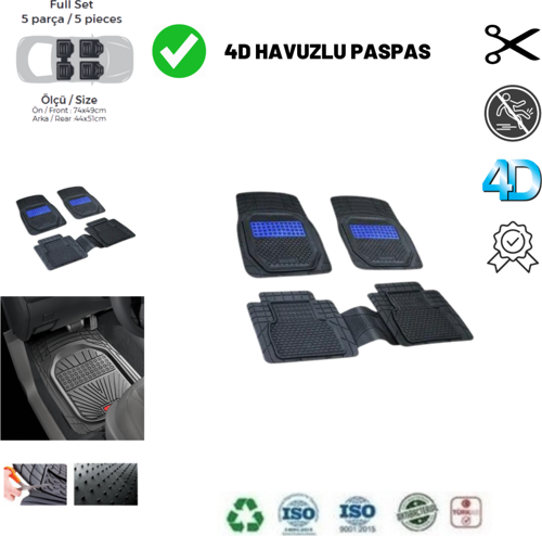 Renault Kango 2009 Uyumlu Havuzlu Yeni Nesil Plus Paspas Siyah - Mavi
