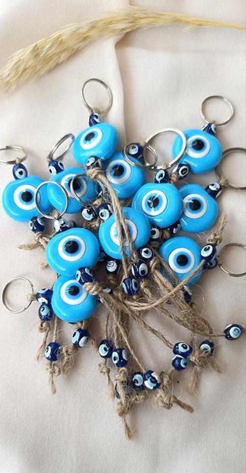 Nazar Boncuk Anahtarlık Mavi 10 Adet Kötü Göz Kovucu Nazar Hand Made Hasır Nazarlı Anahtarlık