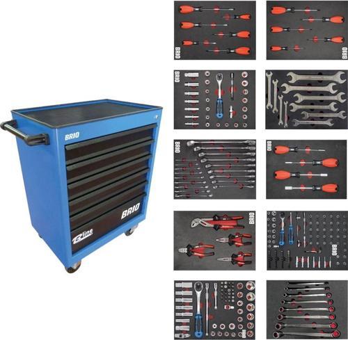 Hareketli Tekerlekli Takım Dolabı Takım Arabası 6 Çekmeceli Kilitli Pro Ss 258 Parça Mavi Dolu