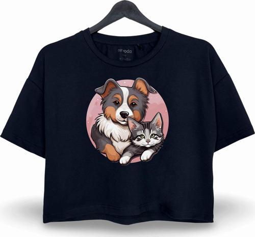 Dost Kedi Köpek Baskılı Oversize Crop Tişört