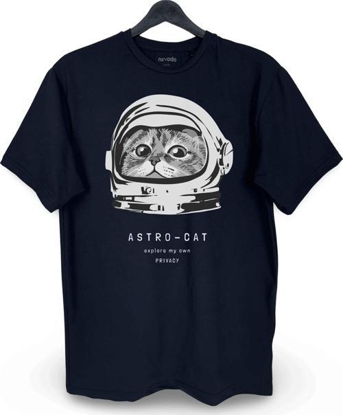 Astronot Kedi AstroCat Baskılı Loose Fit Bisiklet Yaka Unisex Tişört Siyah