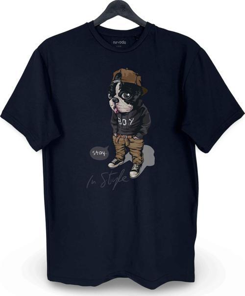 Şapkalı Tarz Köpek Baskılı Loose Fit Bisiklet Yaka Unisex Tişört