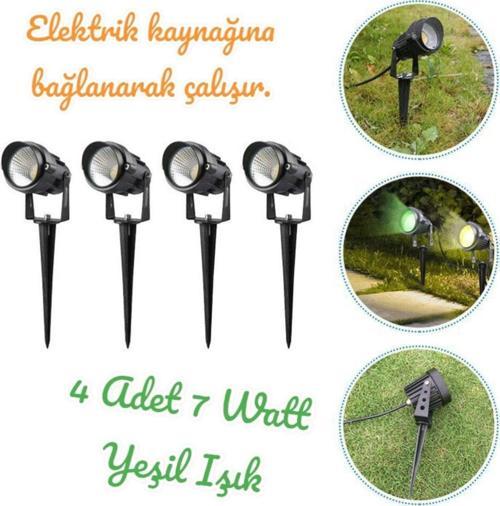 4 Adet Elektrikle Çalışır, 7 Watt Yeşil Işık Kazıklı Bahçe Armatürü, Çim, Çiçek, Ağaç Aydınlatması