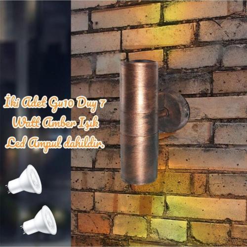 Bakır Eskitme 14 Watt Amber Işık Gu10 Duy Led Aplik Sarı Yaldız Armatür Bahçe Balkon Teras Apliği