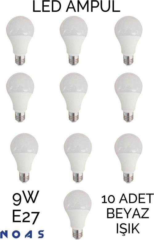 10 Adet 9 Watt E27 Duylu Led Ampul - Beyaz Işık- 10'Lu Paket