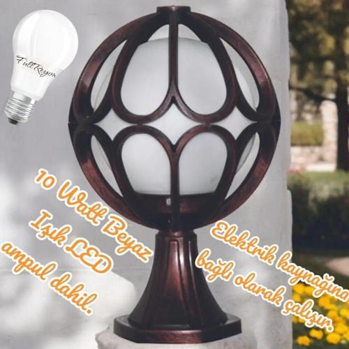 Beyaz Işık 10 W. Led Ampullü  Bakır Eskitme Bahçe Duvar Aydınlatma Armatürü Set Üstü Plastik Aplik