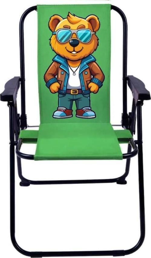 Gözlüklü Maskot Ayı LÜX Çocuk Piknik Sandalyesi-Mini Kamp Sandalyesi-YEŞİL