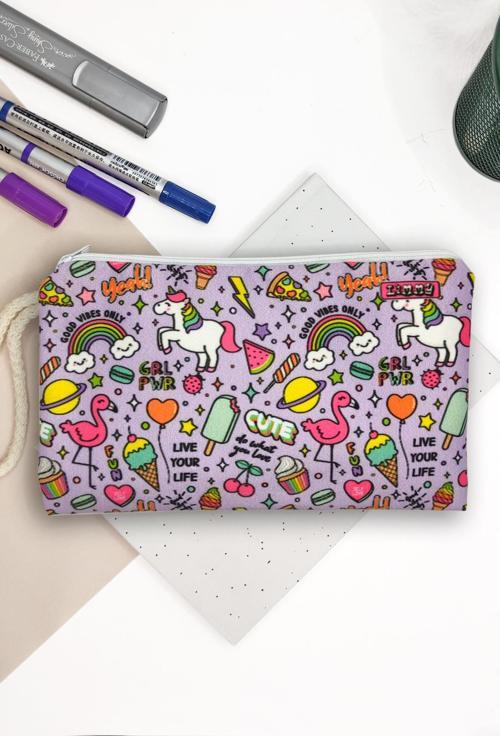 Mor Unicorn Flamingo Desenli Kalem Kutusu Yıkanabilir Bez Kalemlik 