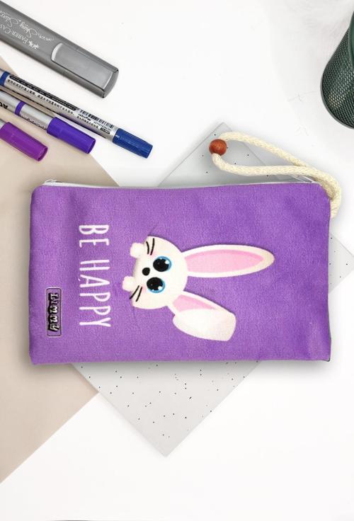 Sevimli Tavşan Mor Renkli Kalem Kutusu Yıkanabilir Bez Kalemlik 